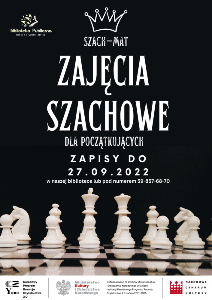 Plakat zachęcajacy do zapisów na zajęcia szachowe