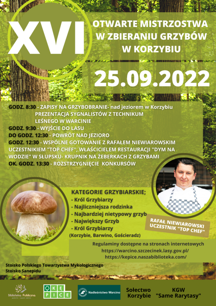 Plakat promujący XVI Otwarte Mistrzostwa w Zbieraniu Grzybów w Korzybiu.