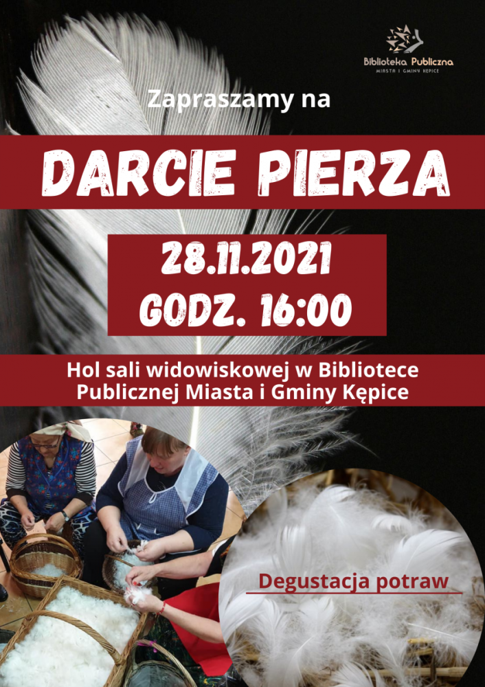 Plakat informujacy o organizowanym wydarzeniu "Darcie pierza"